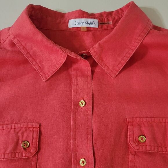 Calvin Klein Women's Red Orange Linen  Long Sleeve Button-Down Blouse - Picture 7 of 15